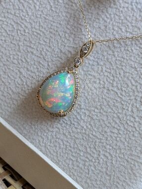 14k Natural Opal Teardrop Diamond Halo Necklace